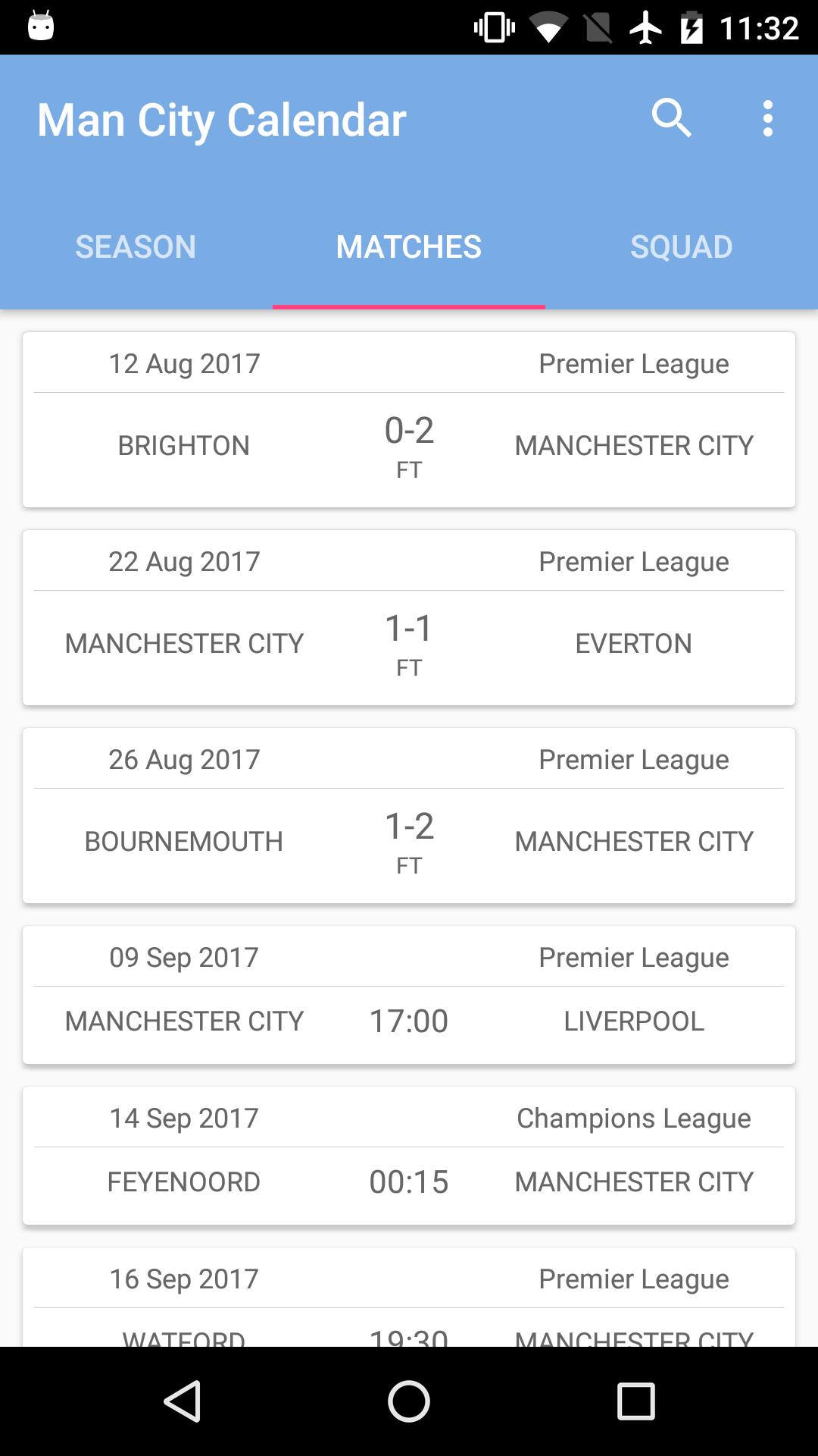 Calendar for Man City