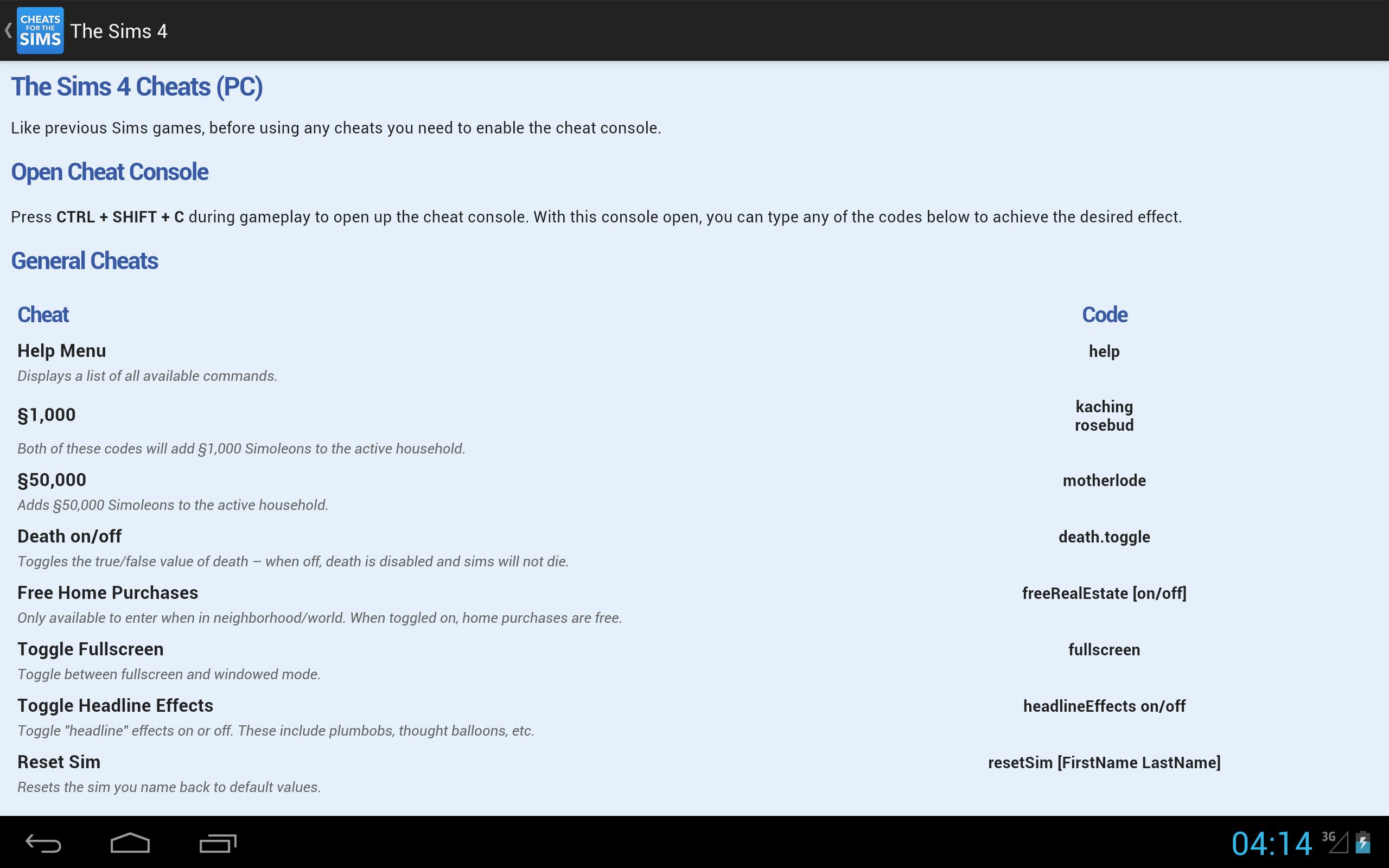 Cheats for The Sims