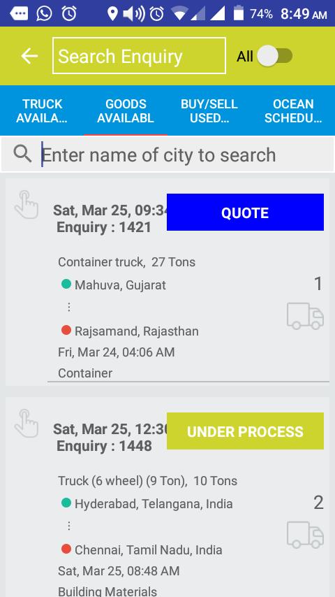 Book Truck or Load for intercity goods transport.