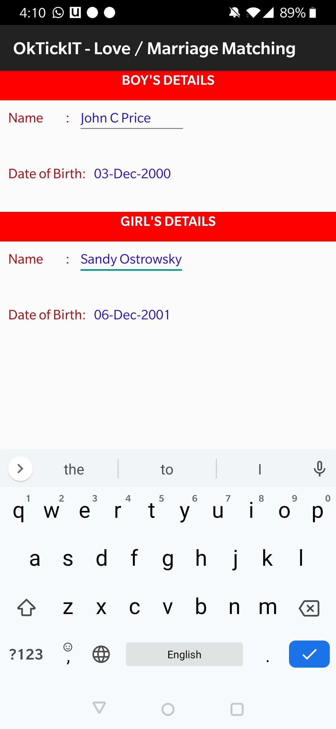 OkTickIT  Love/ Marriage Match