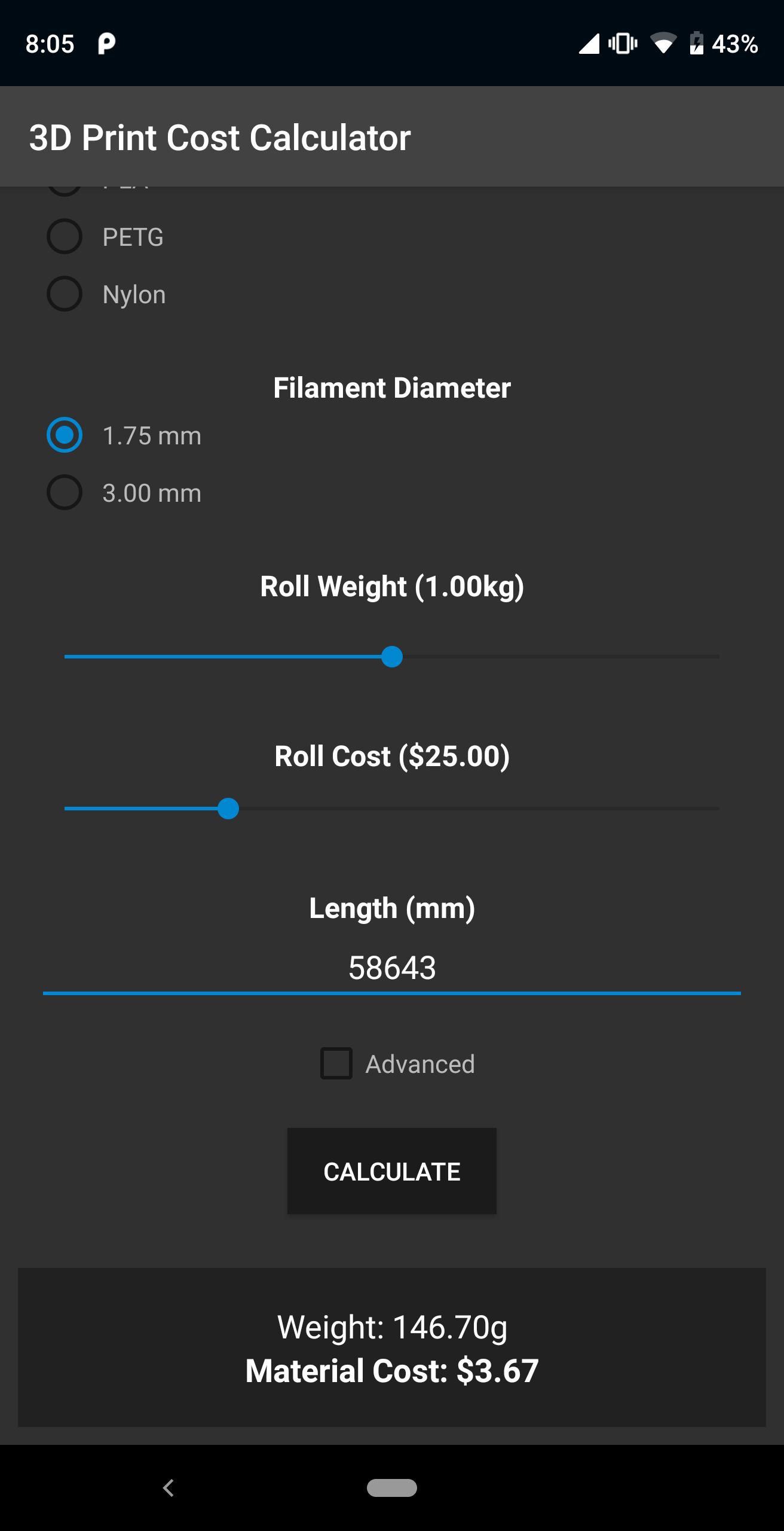 3D Print Material Cost Calcula