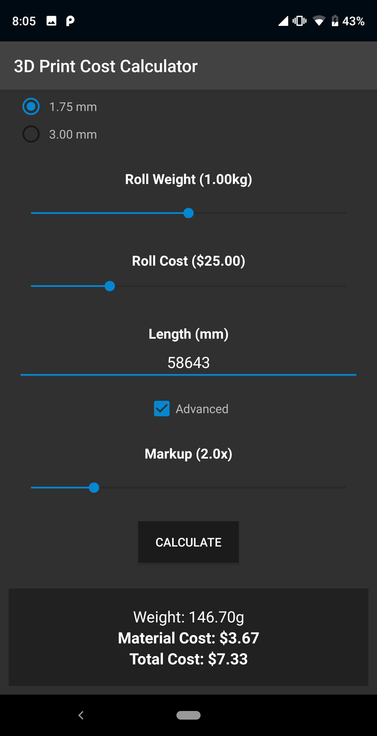 3D Print Material Cost Calcula