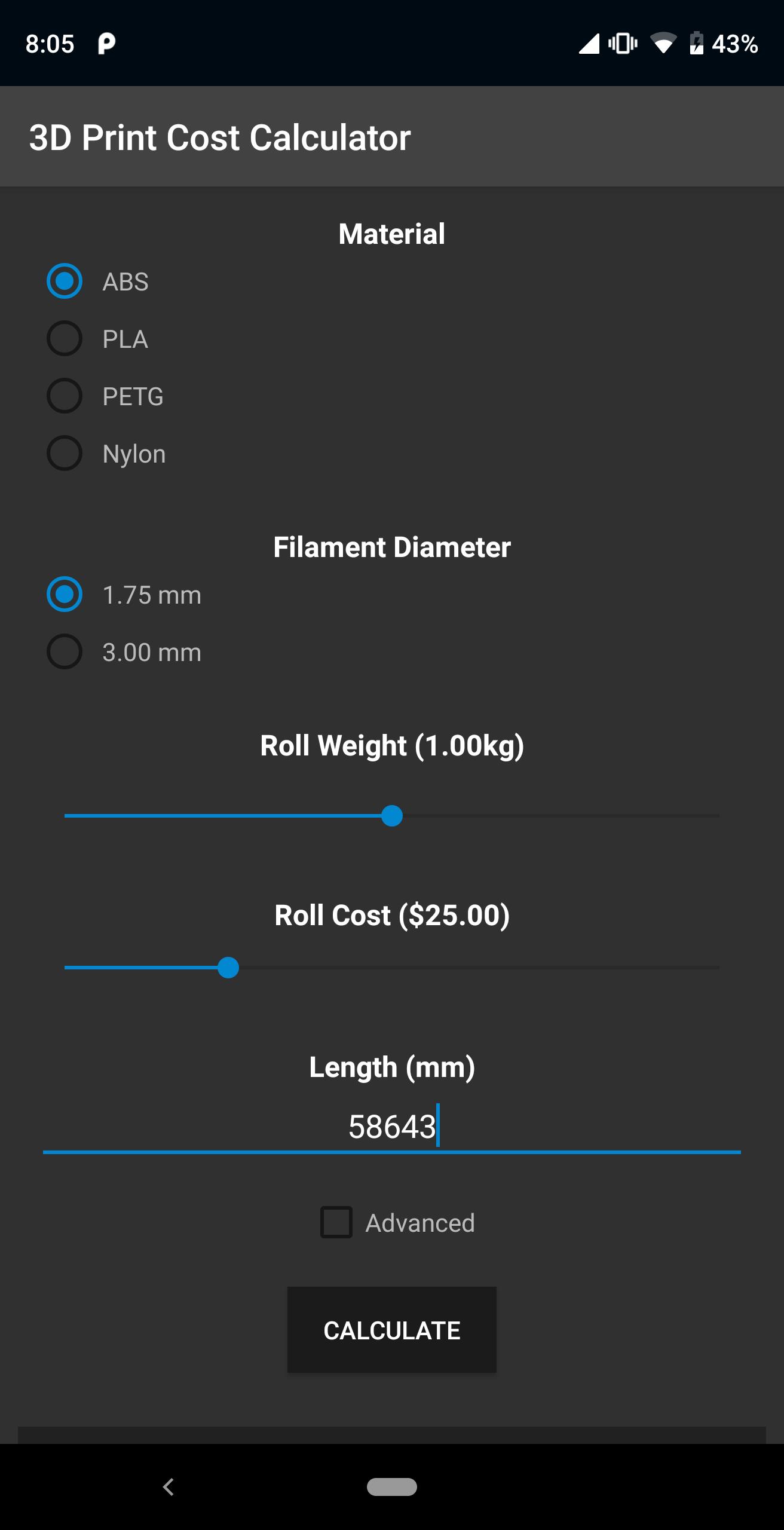 3D Print Material Cost Calcula